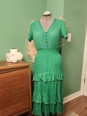 Smocked Waist Green V-Neck Tiered Maxi Dress